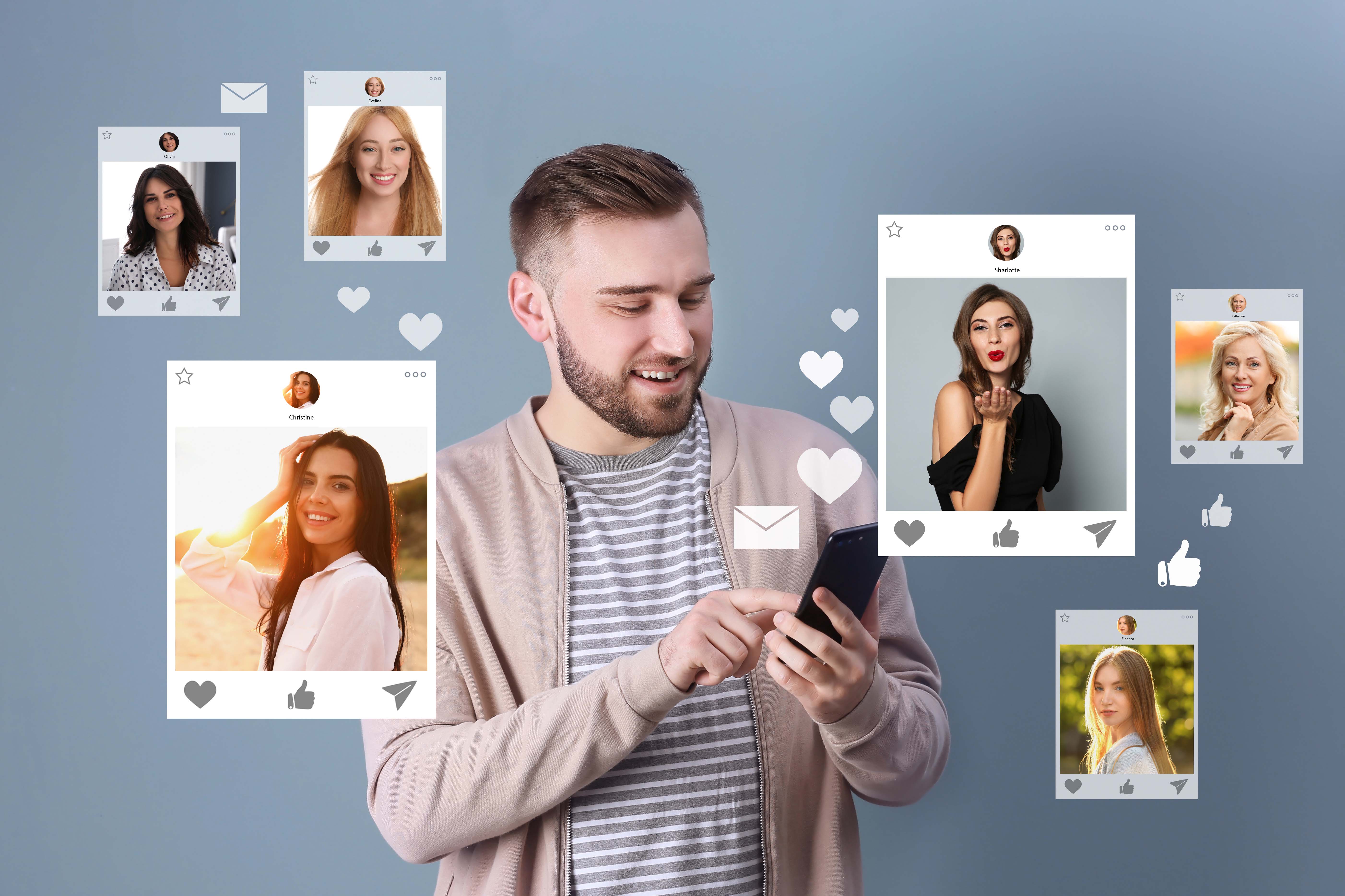 Young man looing at her phone with profile pictures of women surrounding her from dating sites